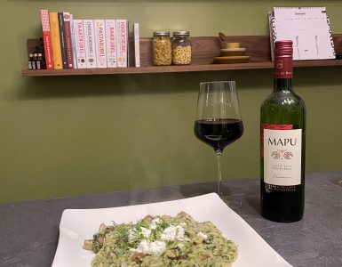 Orzo met spinazie, sjalottjes, kastanjechampignons en een glas Mapu wijn